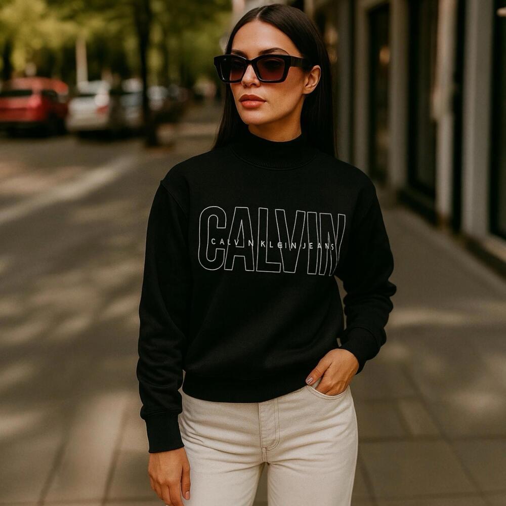 Calvin Klein Sweatshirt XS Black Logo Mockneck Pullover Fall Streetwear